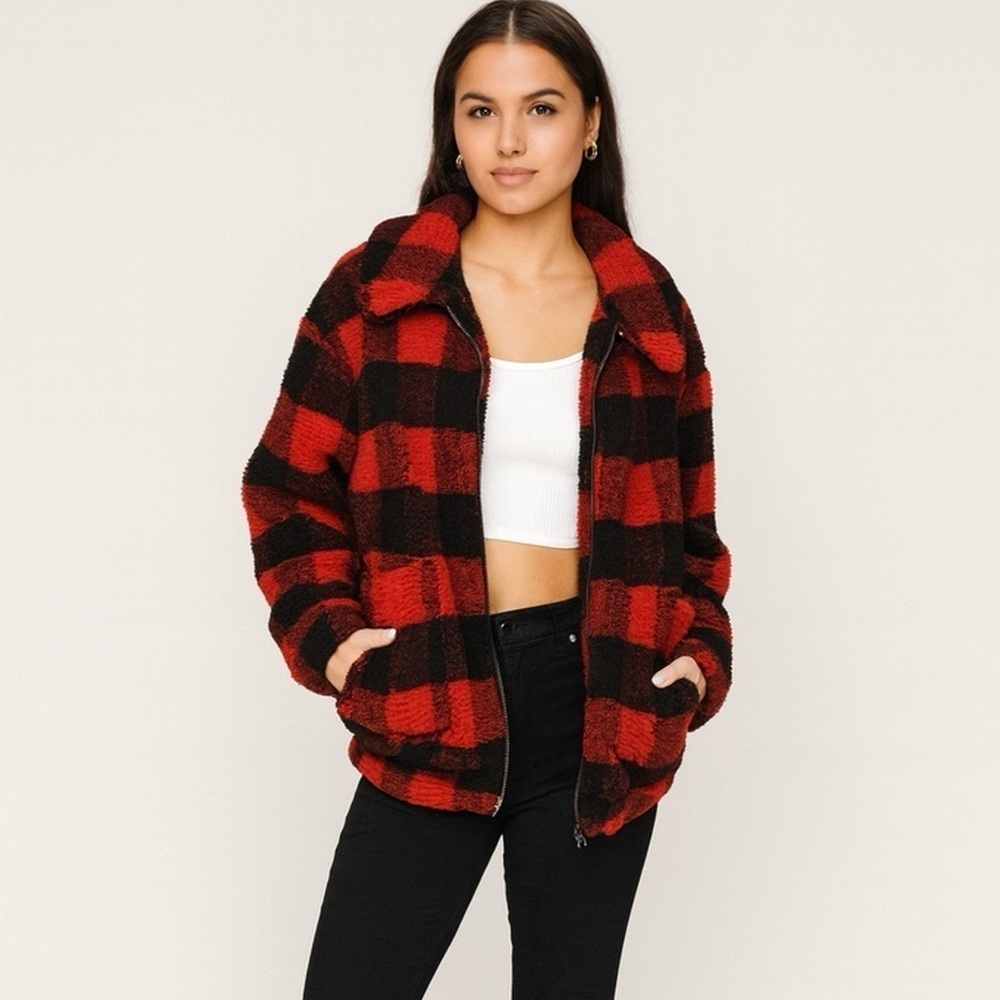 Elodie Red Black Buffalo Check Plaid Barn Jacket Shacket size Small